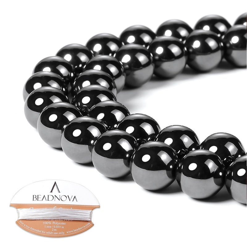 BEADNOVA Natural Hematite Beads Natural Crystal Beads Stone Gemstone Round Loose Energy Healing with Crystal Stretch Cord for Jewelry Making (10mm, 36-38pcs) - Image 1